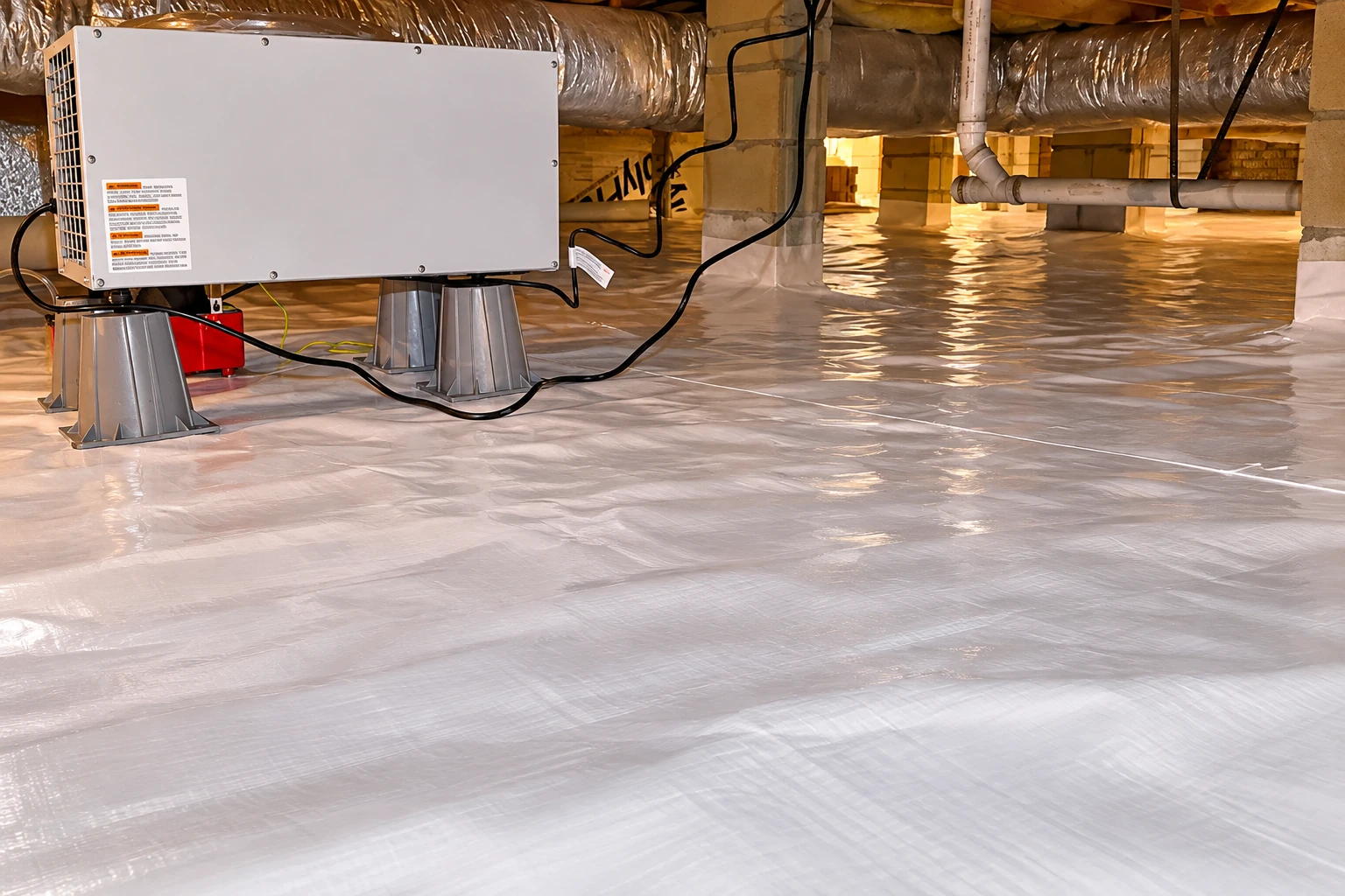 Air sealing equipment sits on supports in a crawl space with a plastic vapor barrier floor, ducts and pipes overhead.