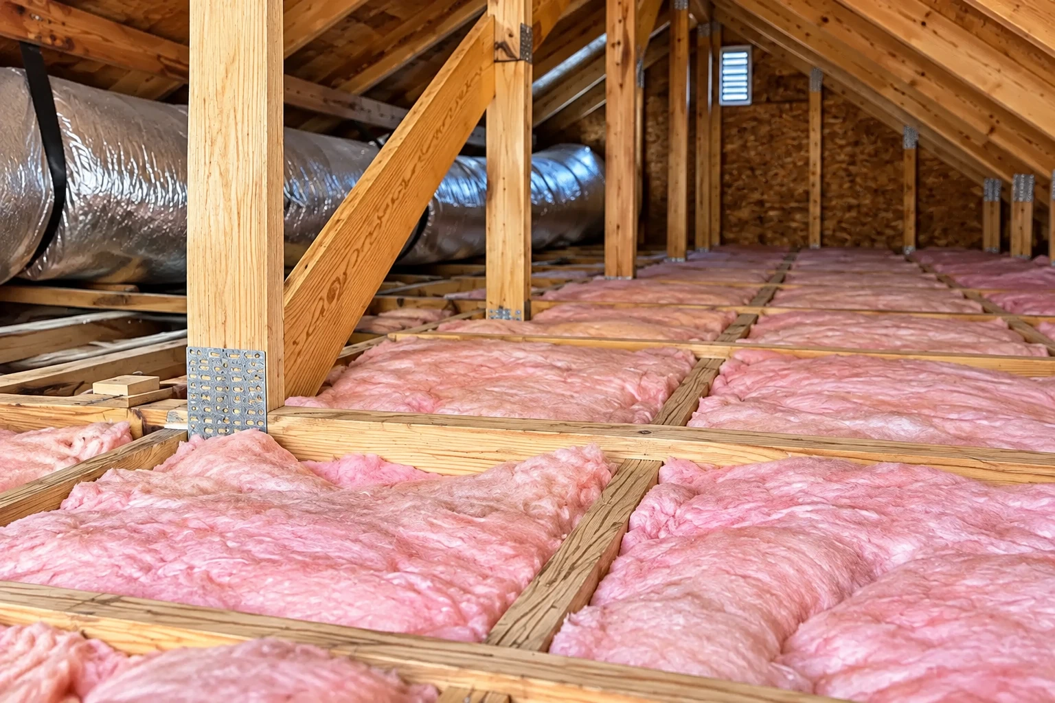 Pink batt insulation lies between attic floor joists beside a large silver air duct.