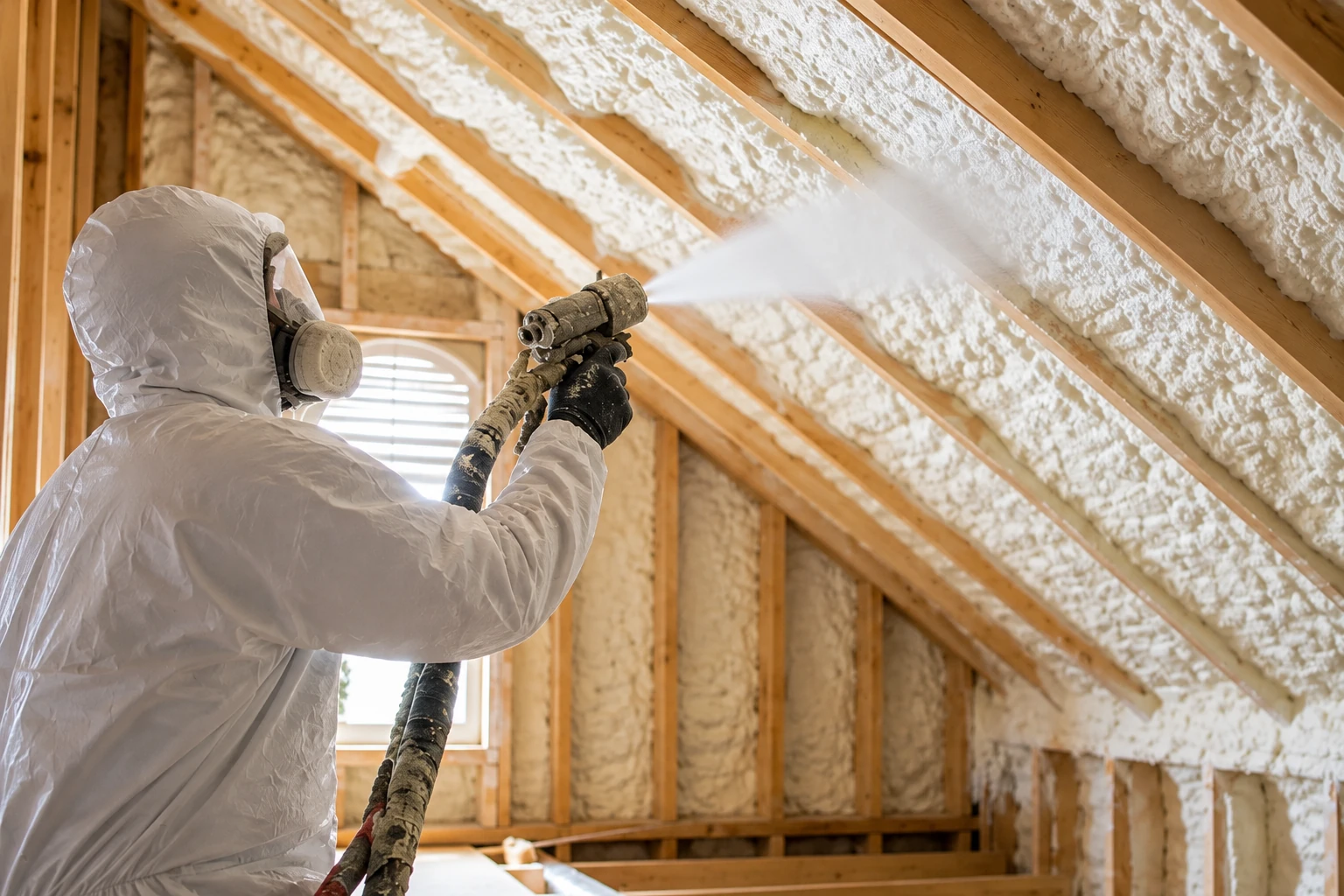 A worker in protective gear sprays foam insulation onto the sloped rafters of a wooden attic.