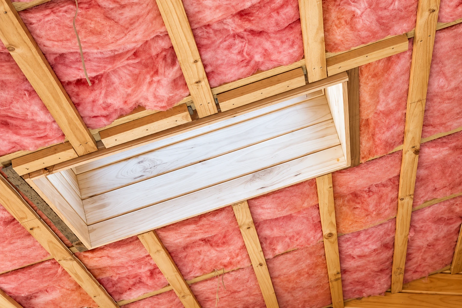 Pink fiberglass insulation lines an attic roof around a rectangular wooden hatch.