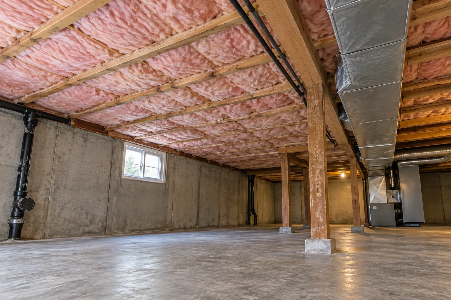 Pink fiberglass batts insulate the ceiling of a concrete basement with exposed beams, support posts and metal ductwork.