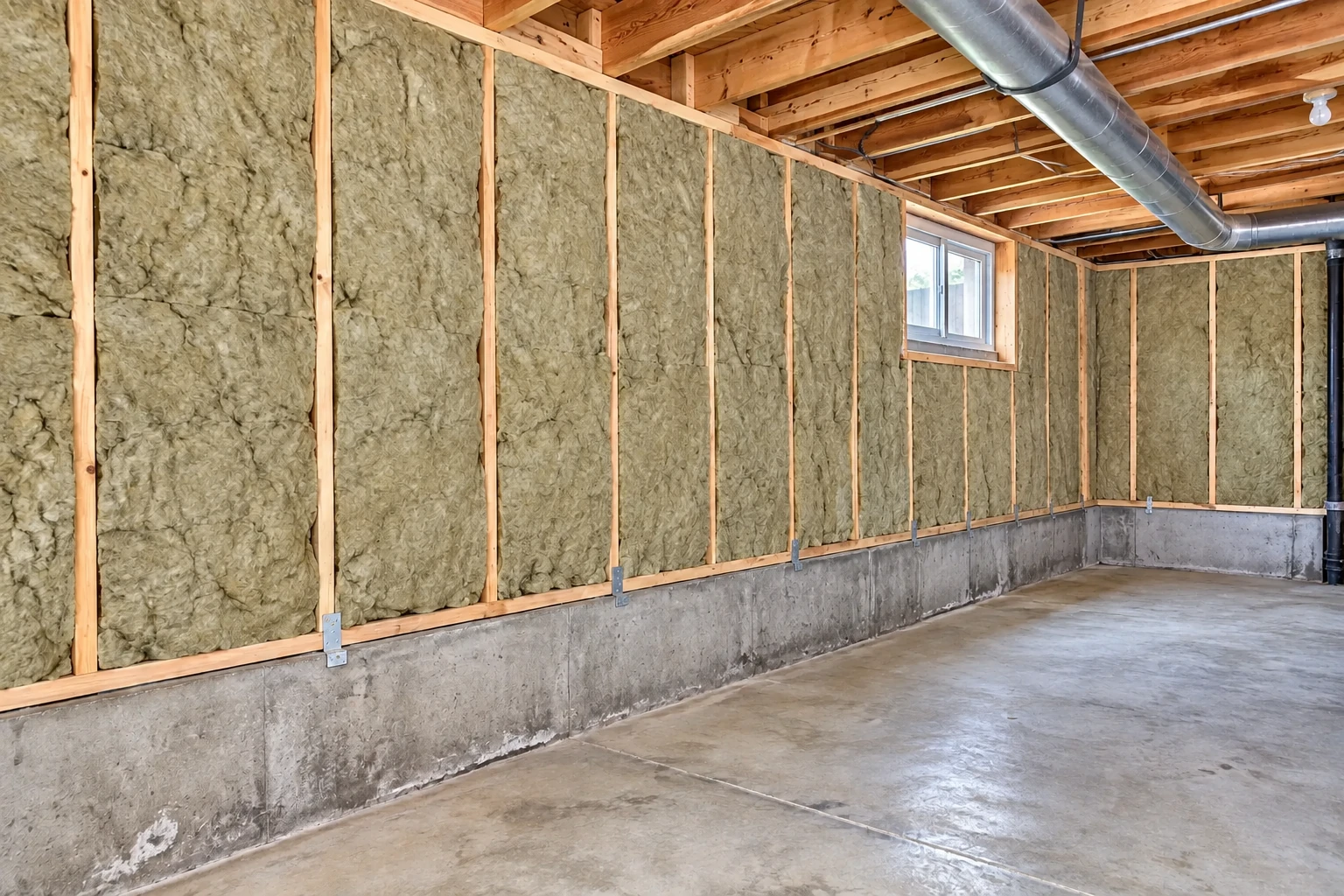 Unfinished basement with mineral wool insulation fitted between wall studs above the exposed concrete foundation.