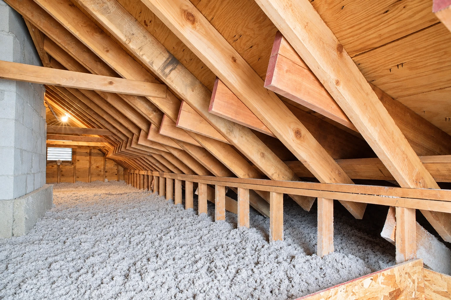 Loose gray blown-in insulation covers an attic floor beneath exposed wooden rafters.