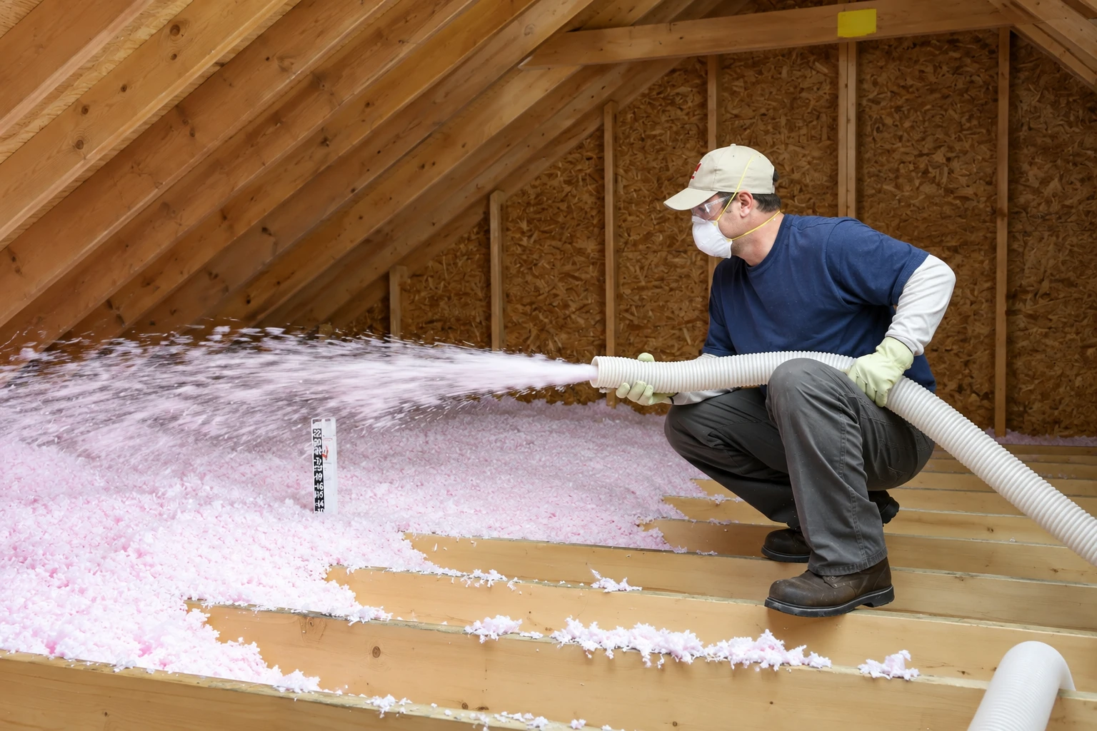 A worker in an attic sprays pink blown-in insulation across the floor through a flexible hose.