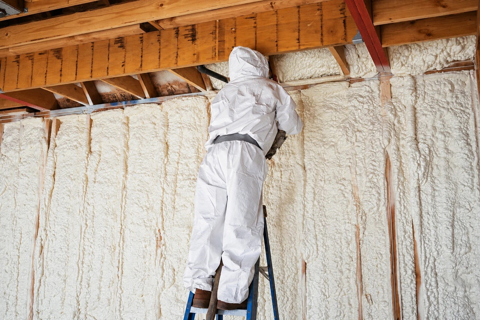 A worker in a white protective suit stands on a ladder while applying foam insulation between exposed wooden framing.