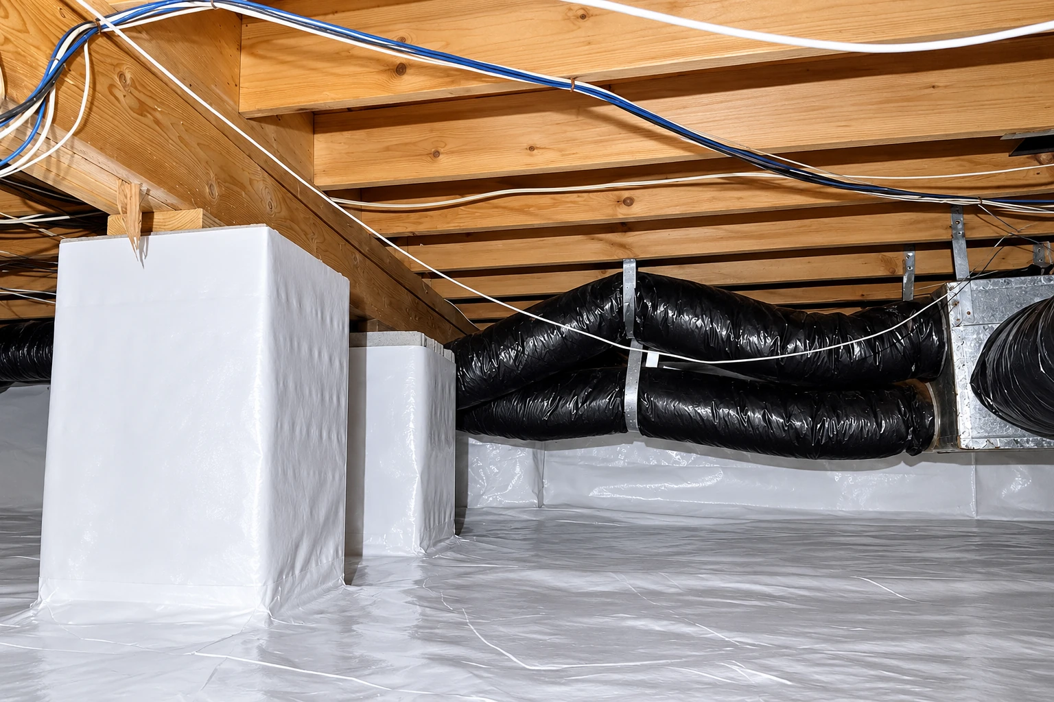 Crawl space with white plastic vapor barrier covering the floor and piers, beneath wooden joists and black flexible ducts.