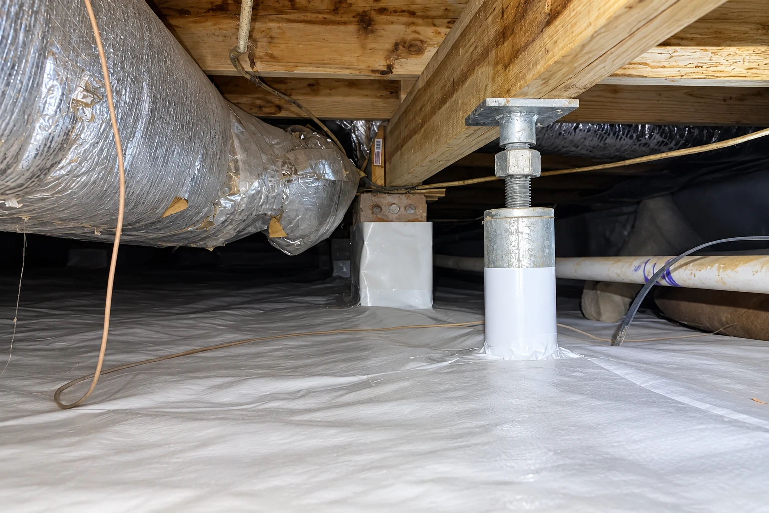 A crawl space has a white vapor barrier covering the floor beneath ducts, pipes, and wooden supports.