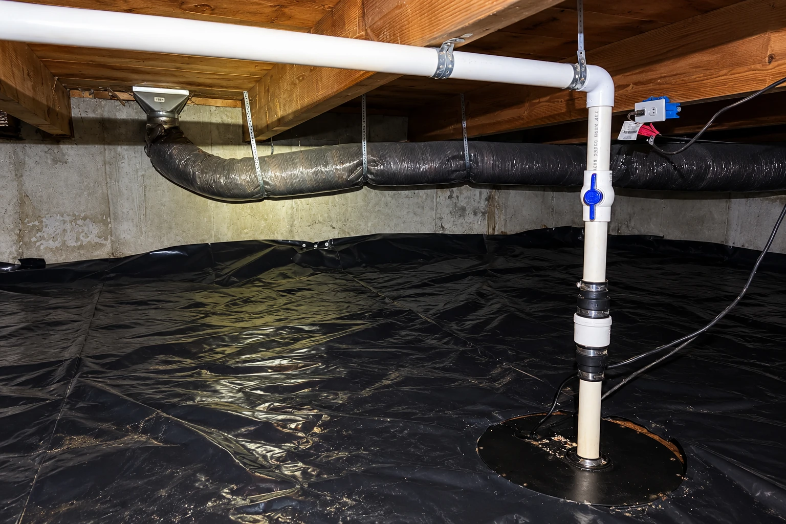 A crawl space floor is covered with glossy black vapor barrier around a white pipe, beneath exposed joists and ductwork.