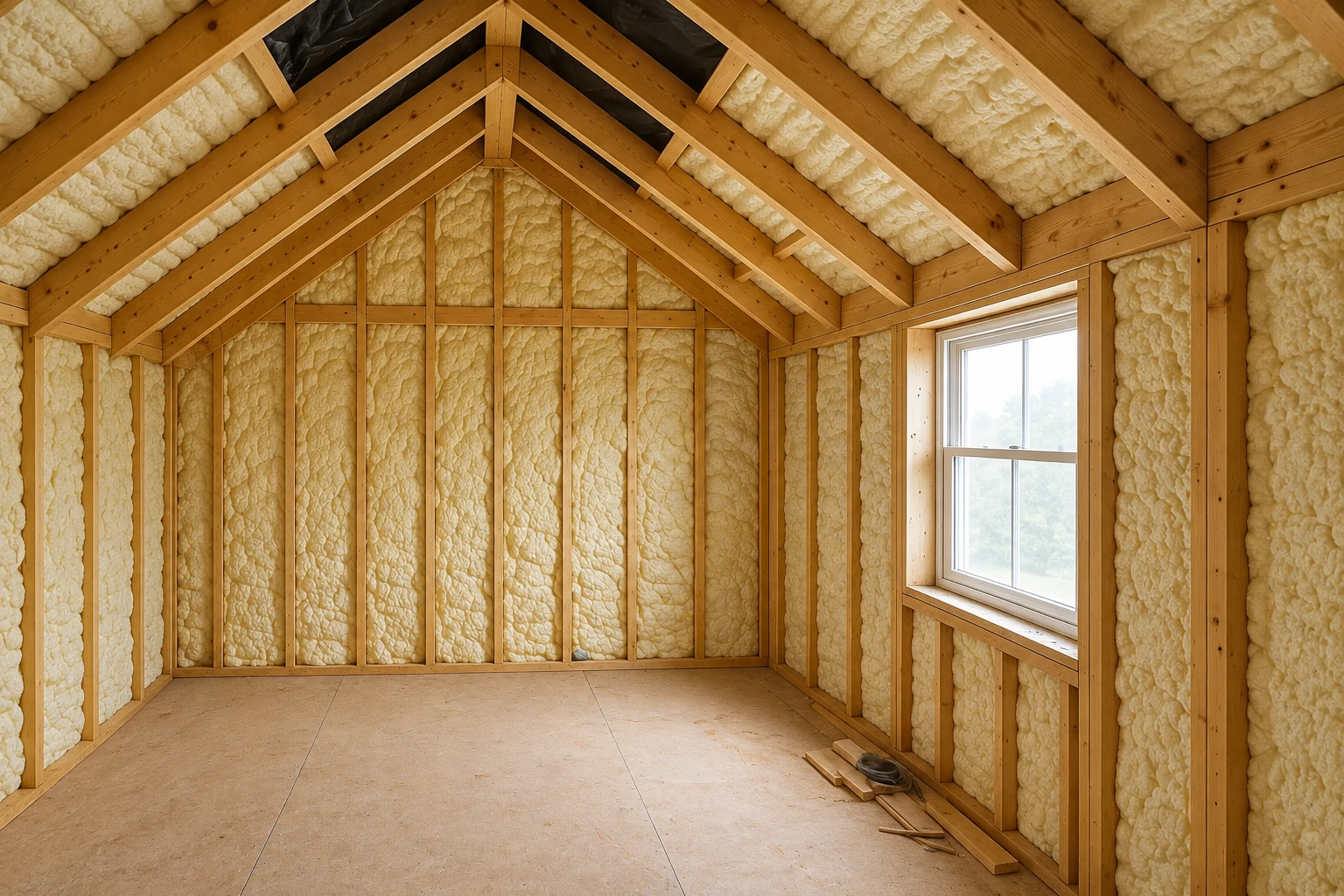 An unfinished attic room has pale insulation packed between exposed wooden wall studs and roof rafters.