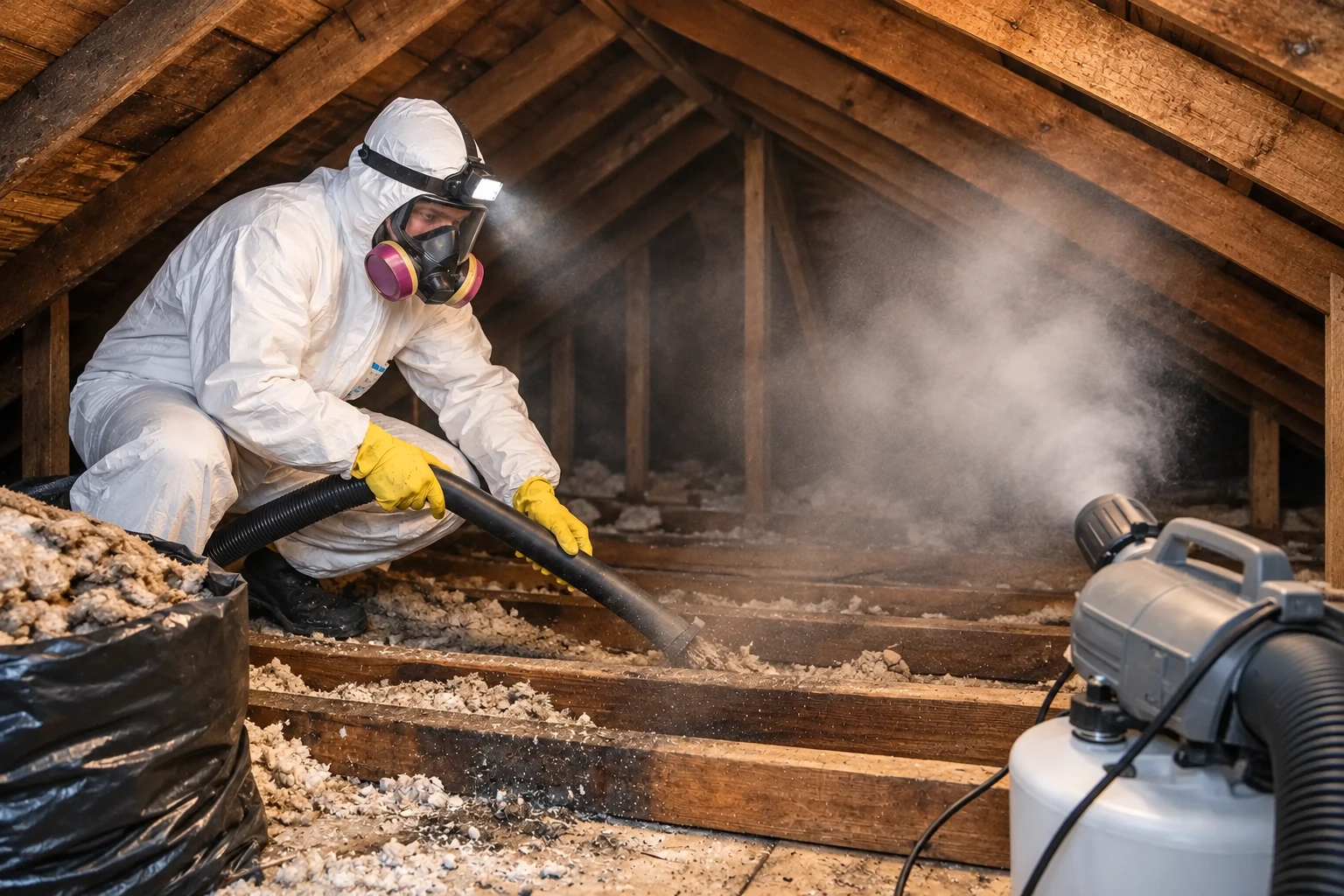 A worker in protective coveralls vacuums loose attic insulation into a hose beside a collection machine.