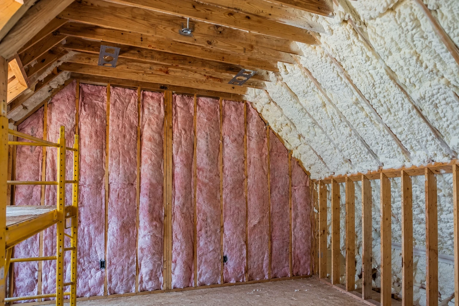 Unfinished attic with white spray foam on the sloped roof and pink batt insulation between wall studs.