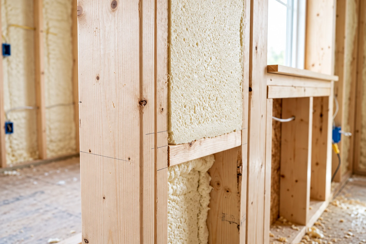 Fresh pale spray foam fills the cavities between exposed studs in an unfinished wall.