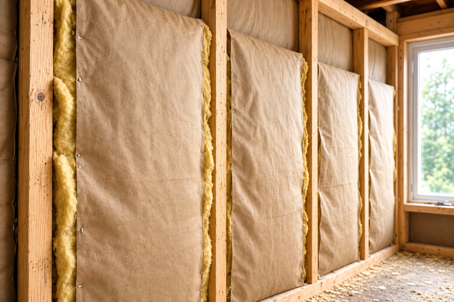 Wall insulation batts in brown paper facing fill exposed wooden wall framing beside a window.