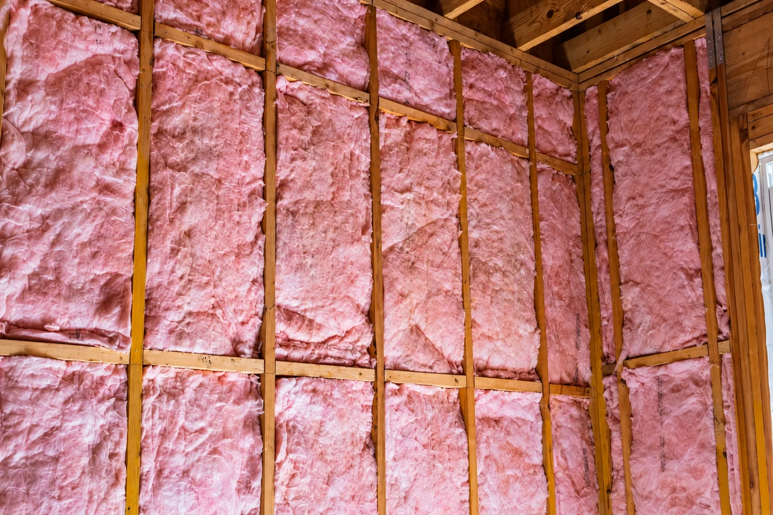 Pink fiberglass batts fill the wooden framing of an unfinished wall.